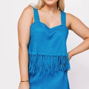 Queen of Sparkles Aqua Blue Rhinestone Fringe Tank Size L NWT